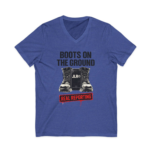 Blue t-shirt with graphic design and text on a white background