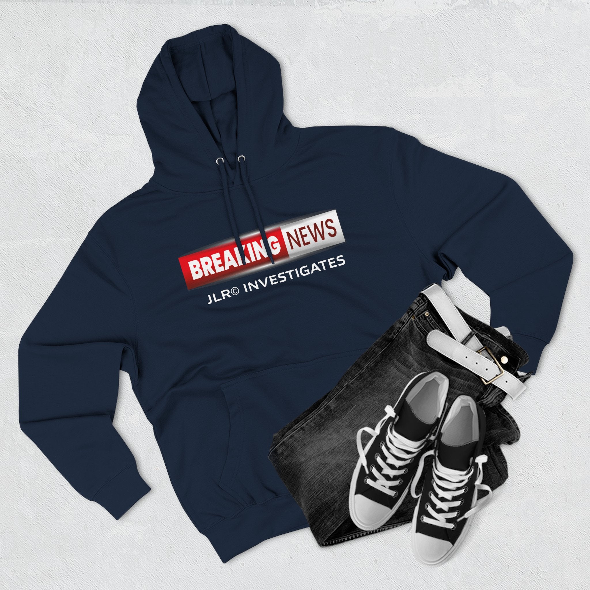 Breaking News Hoodie — "JLR© Investigates" Graphic Pullover
