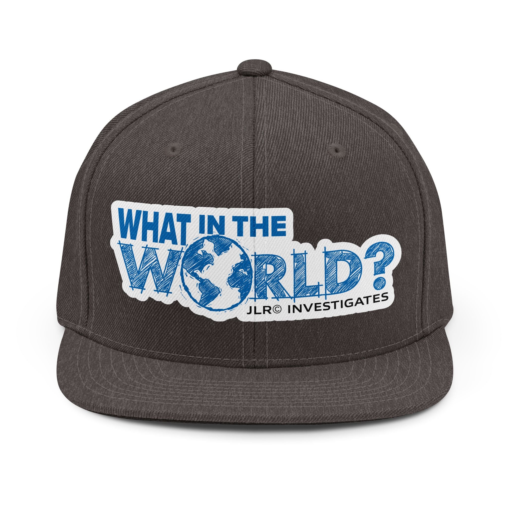 What in the World? JLR© Investigates Unisex Snapback Hat in Dark Heather with bold blue graphic print on front panel