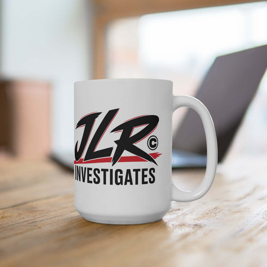 High-contrast black-and-red JLR© Investigates design on a white 15 oz ceramic mug.