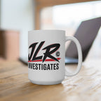 High-contrast black-and-red JLR© Investigates design on a white 15 oz ceramic mug.