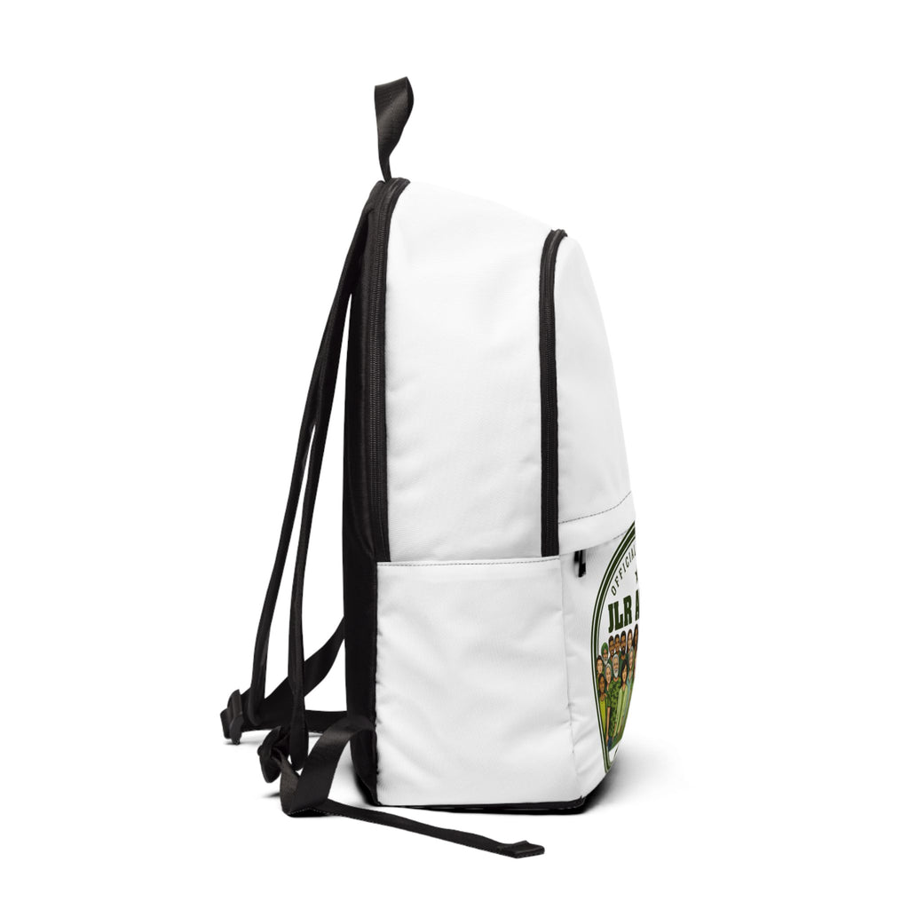 JLR Army backpack side view — black zipper accents — white nylon canvas — JLR Investigates