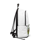 JLR Army backpack side view — black zipper accents — white nylon canvas — JLR Investigates