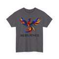 Grey unisex t-shirt featuring a bold multicolor phoenix rising graphic with the word RESILIENCE and tagline 'Stay Standing' — JLR Investigates apparel