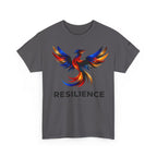 Grey unisex t-shirt featuring a bold multicolor phoenix rising graphic with the word RESILIENCE and tagline 'Stay Standing' — JLR Investigates apparel