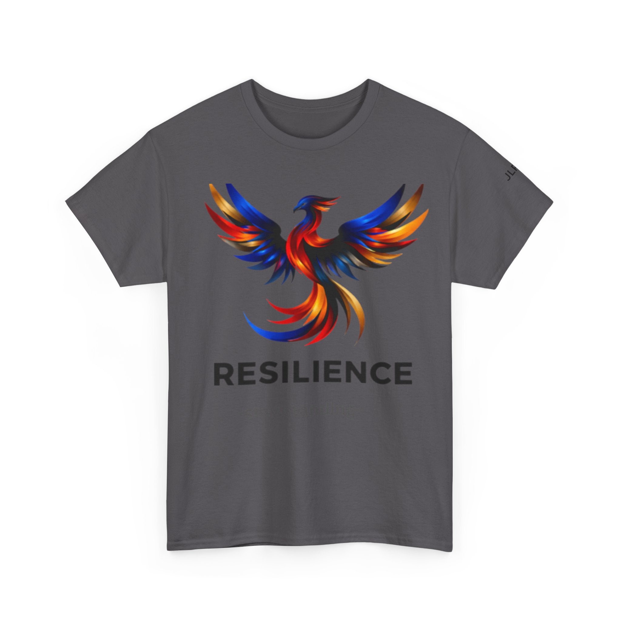 Grey unisex t-shirt featuring a bold multicolor phoenix rising graphic with the word RESILIENCE and tagline 'Stay Standing' — JLR Investigates apparel