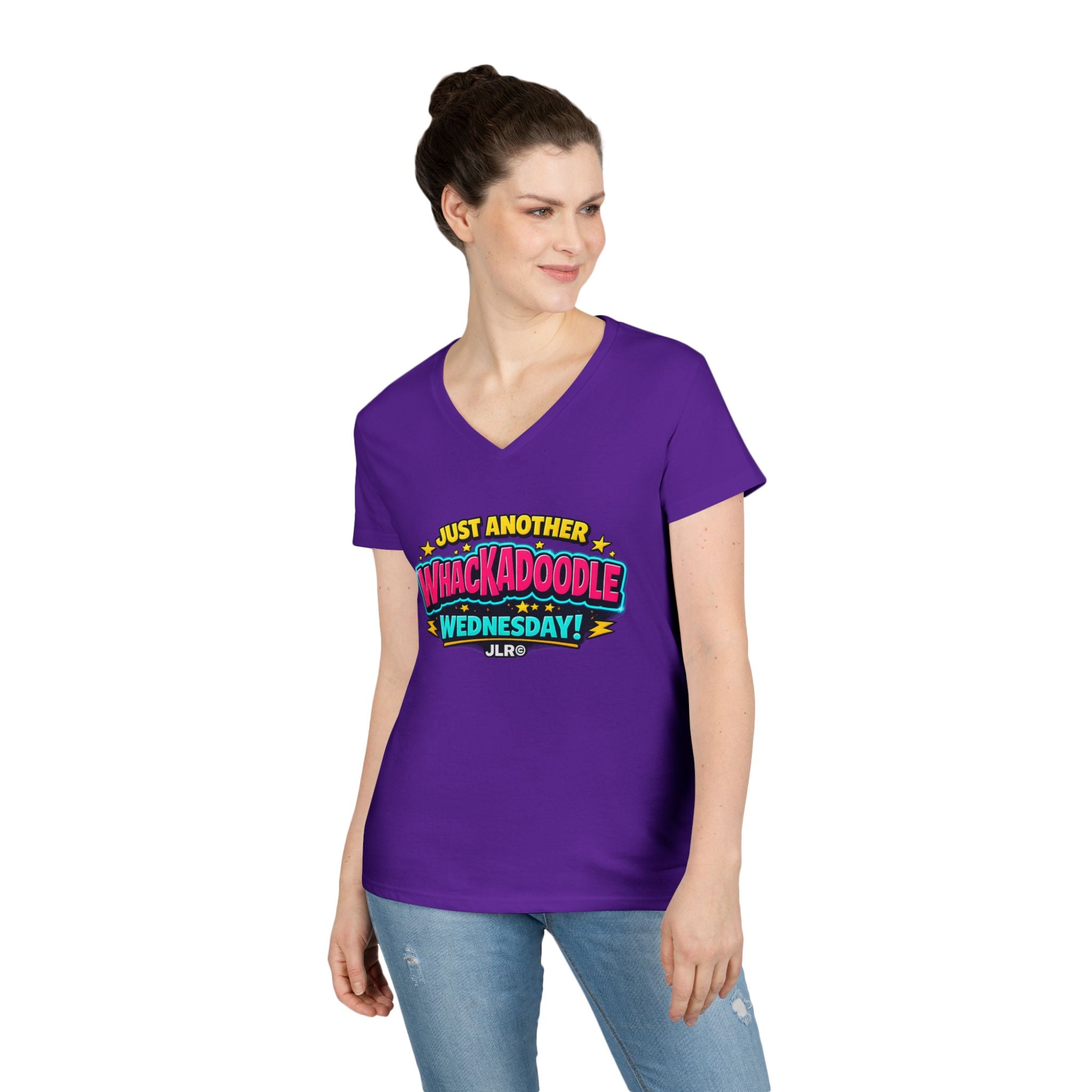 Woman wearing Whackadoodle Wednesday V-Neck T-Shirt in Purple – JLR© Investigates
