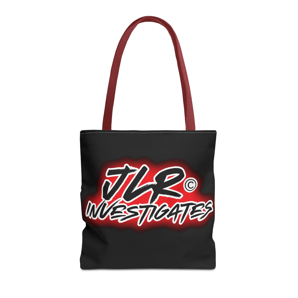 Black tote bag with red handle - JLR Investigates red and white logo on a white background