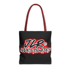 Black tote bag with red handle - JLR Investigates red and white logo on a white background