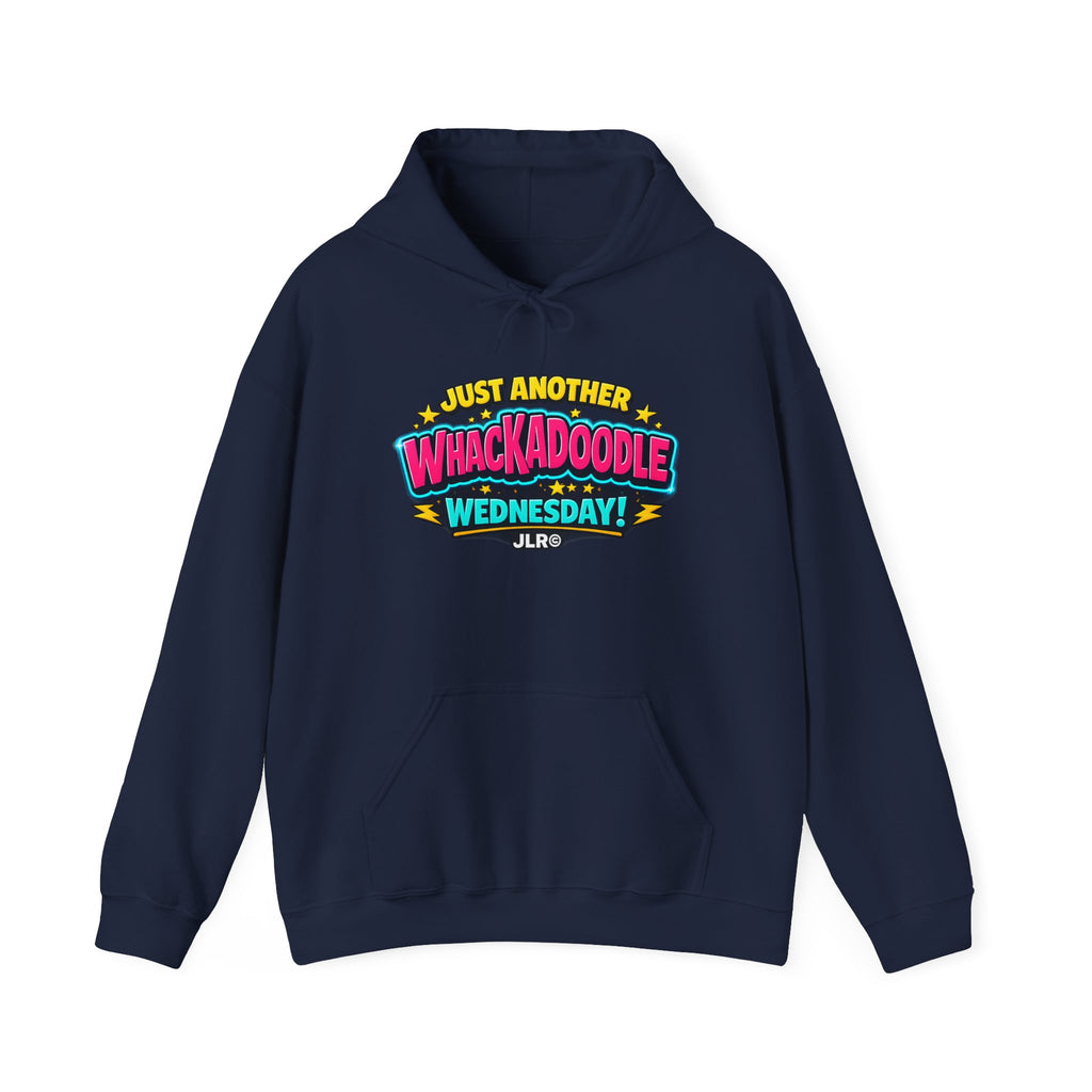 Navy blue hoodie with colorful Whackadoodle Wednesday logo