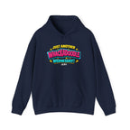 Navy blue hoodie with colorful Whackadoodle Wednesday logo