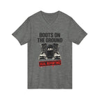 light grey unisex t-shirt with bold black graphic reading 'Boots on the Ground' featuring a boot graphic and JLR Investigates branding