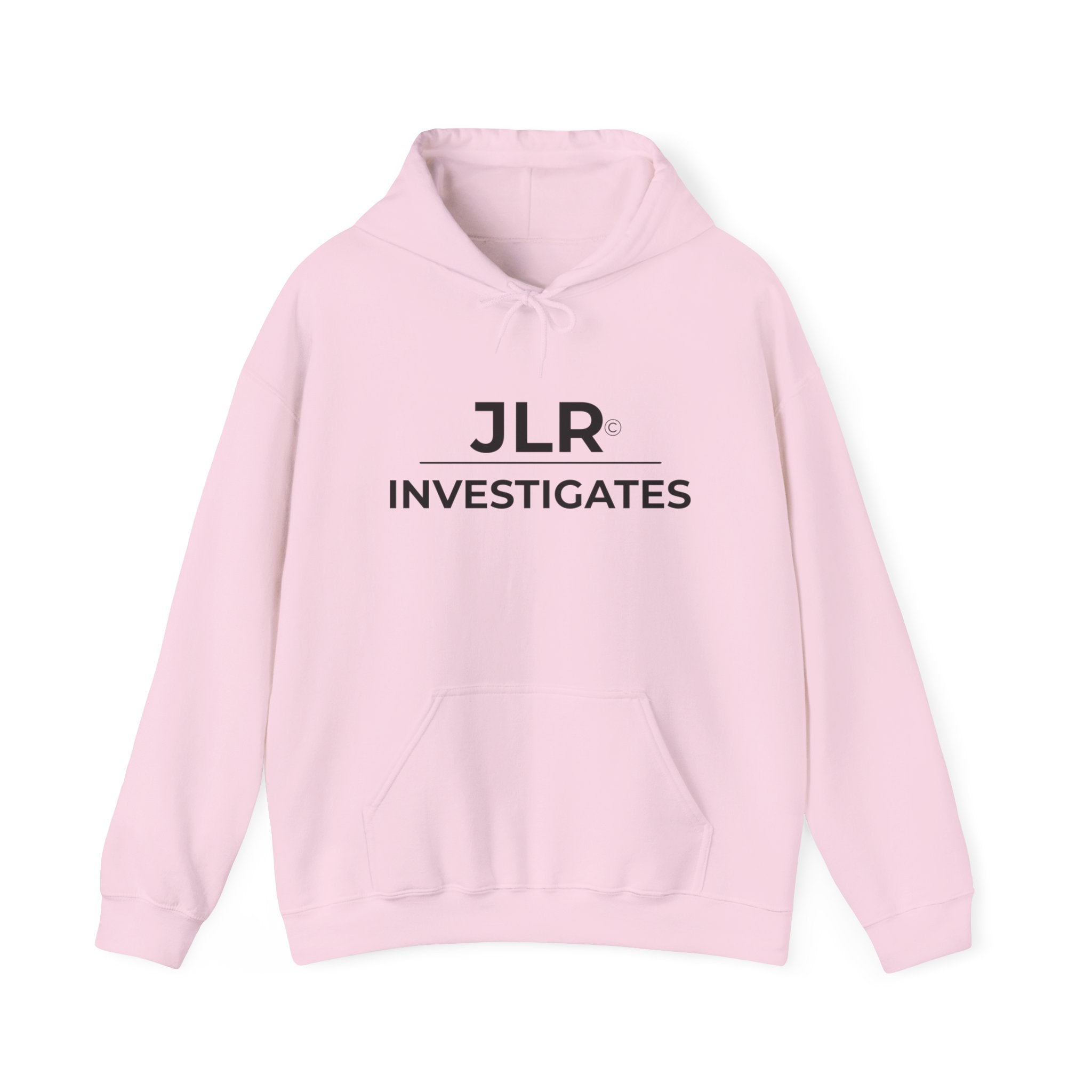 Light pink pullover hoodie with JLR Investigates logo in black