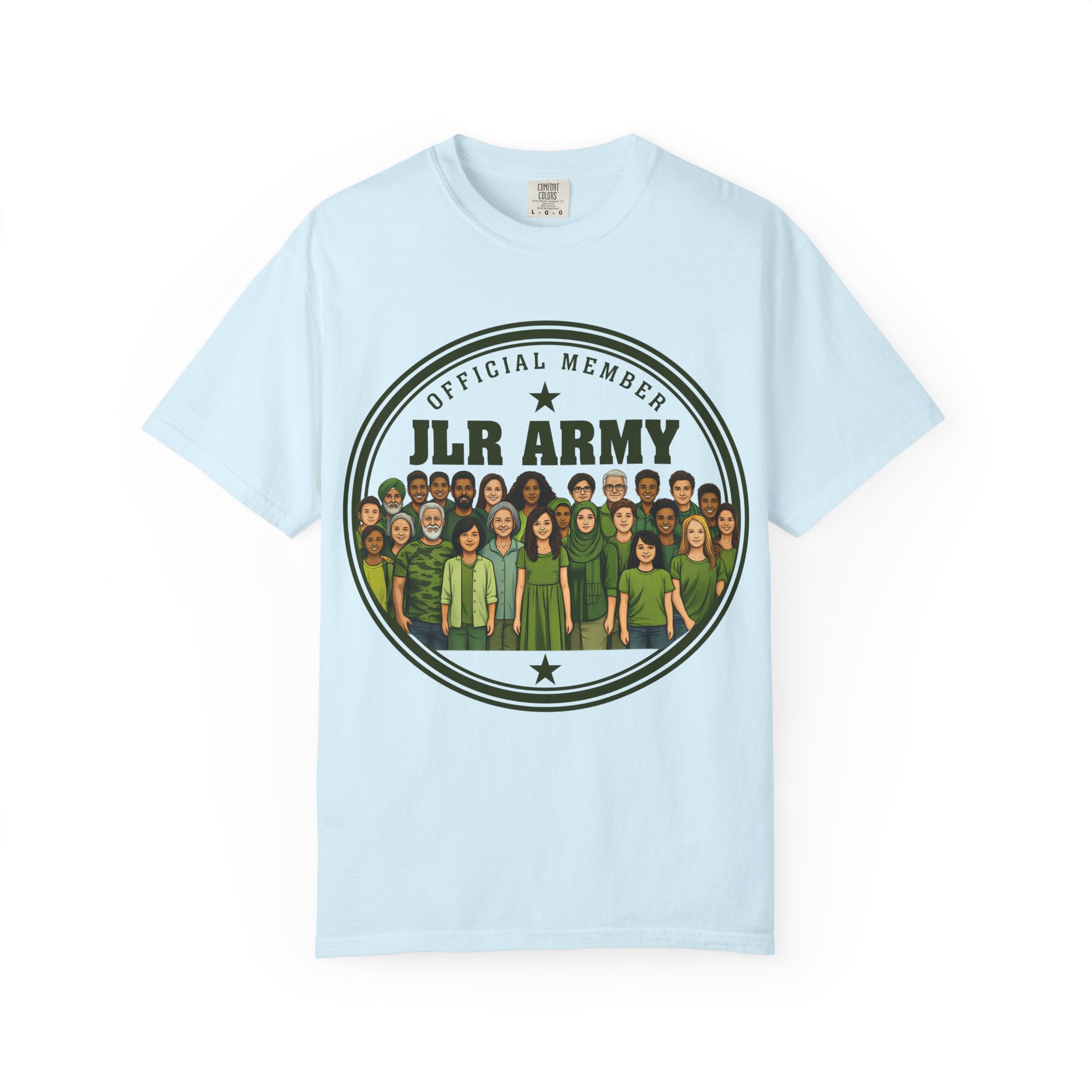 Light blue t-shirt with 'JLR Army' graphic on a white background