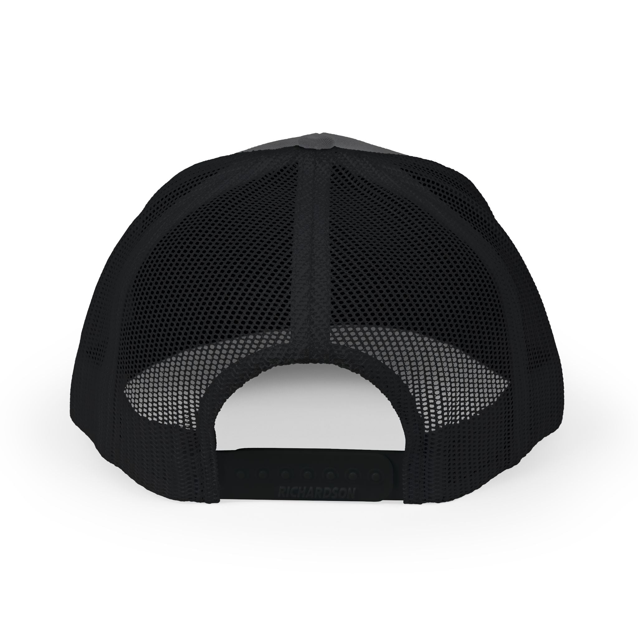  Black trucker hat back view showing mesh panel and snapback closure