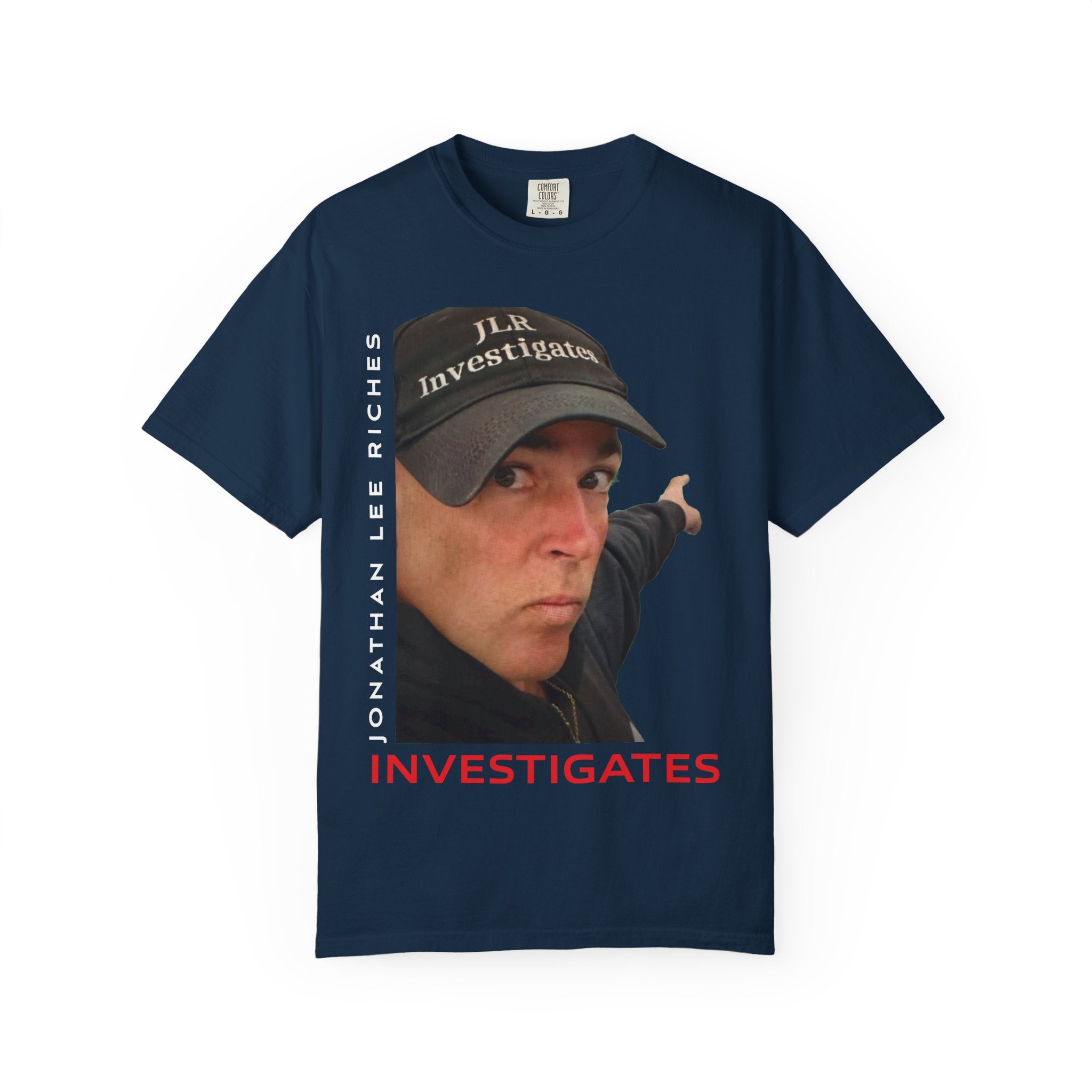 Navy unisex t-shirt featuring a photo graphic of Jonathan Lee Riches wearing a JLR Investigates cap, with 'Jonathan Lee Riches' in vertical text and 'INVESTIGATES' in bold red lettering below
