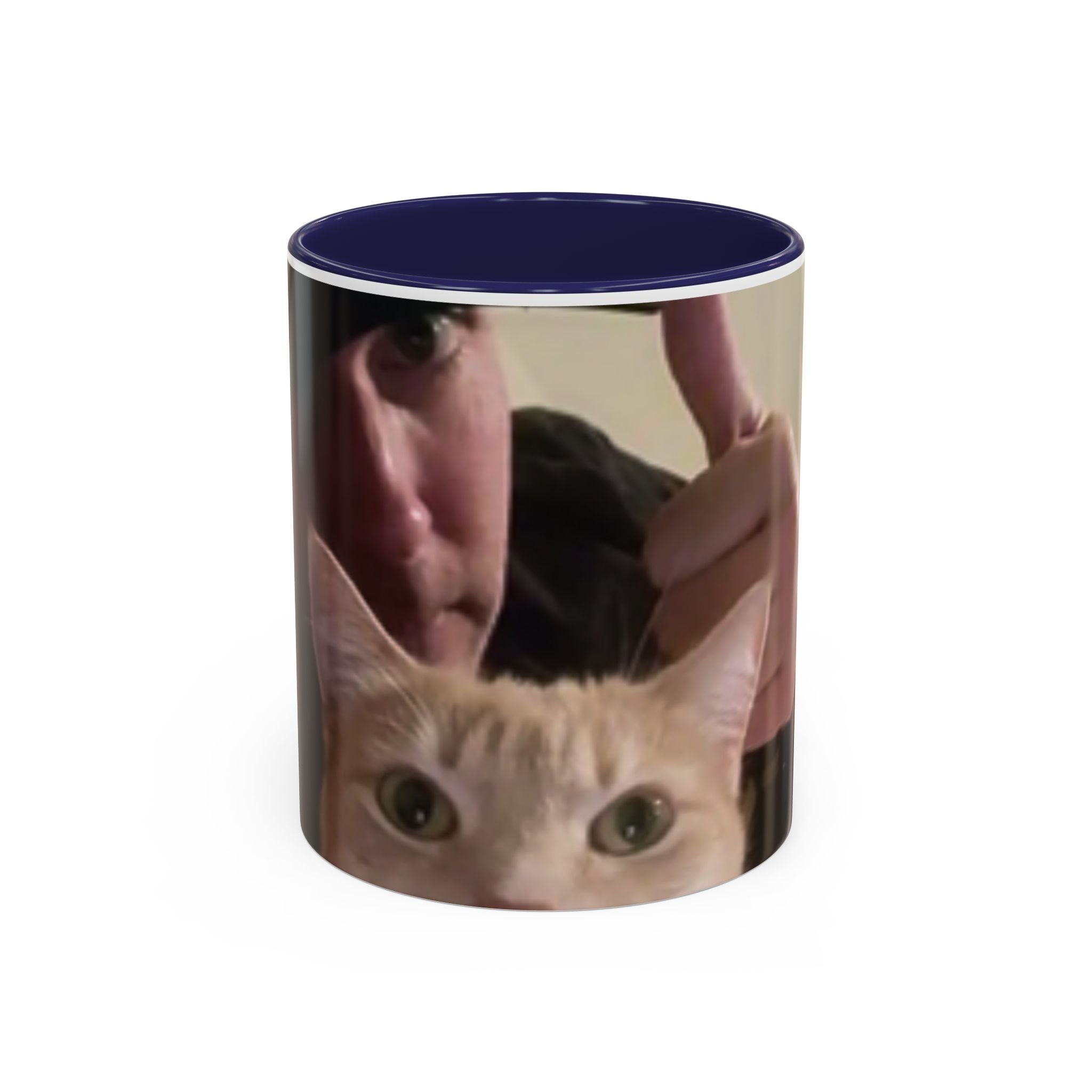 JLR Investigates and cat photo 11 oz ceramic mug — Navy interior and handle— JLR Investigates