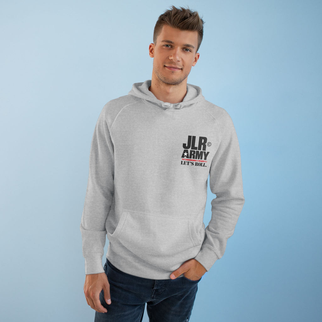 Model wearing the Athletic Heather JLR© Army “Let’s Roll” hoodie, front view.