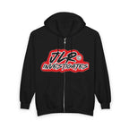 JLR© Investigates black zip-up hoodie with bold red and white logo graphic on chest — front view