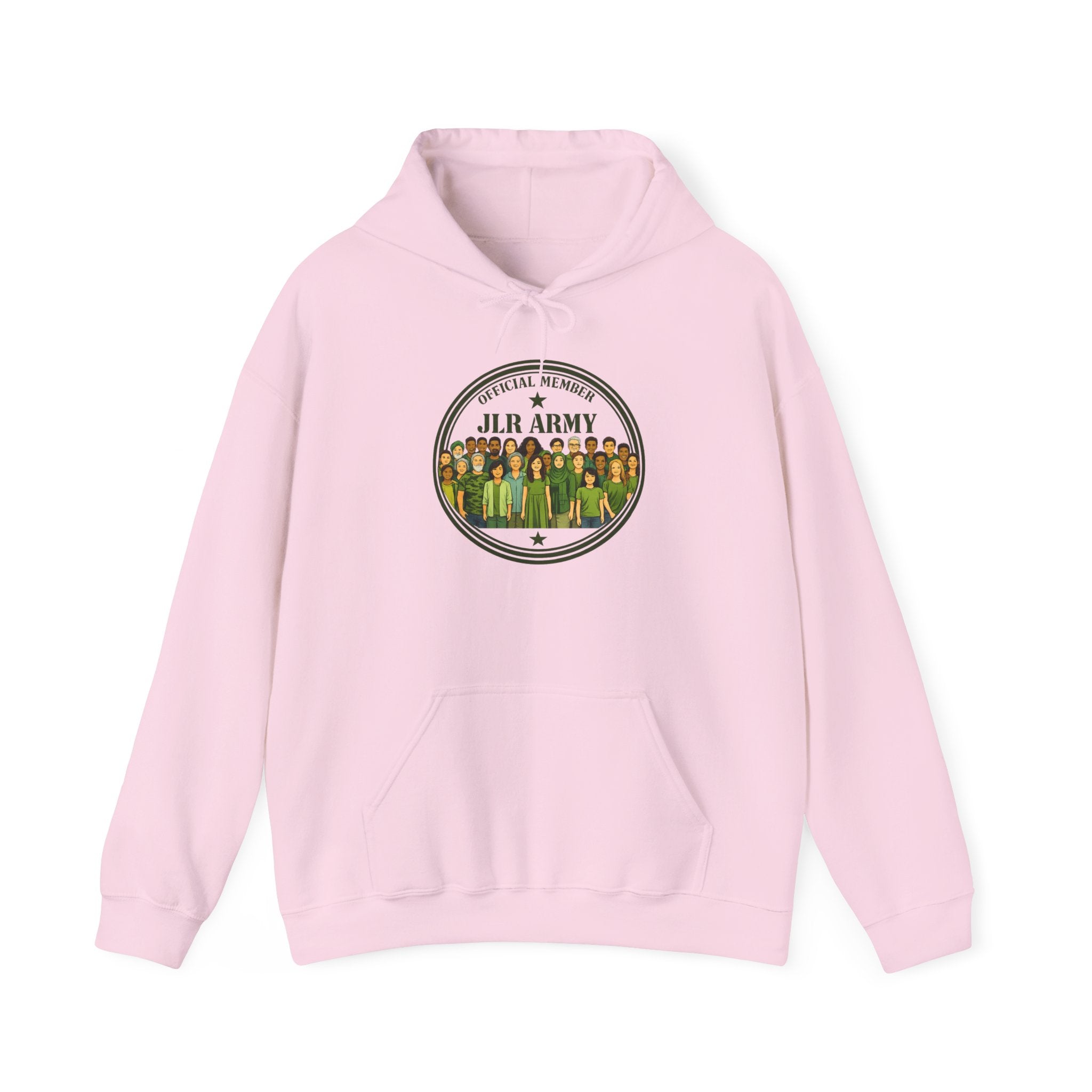 Pink premium hoodie featuring the JLR© Army circular badge graphic with diverse illustrated figures on the chest