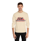 Man wearing Sand long sleeve unisex t-shirt featuring bold 'JLR© Investigates' graffiti-style logo in red, white, and black