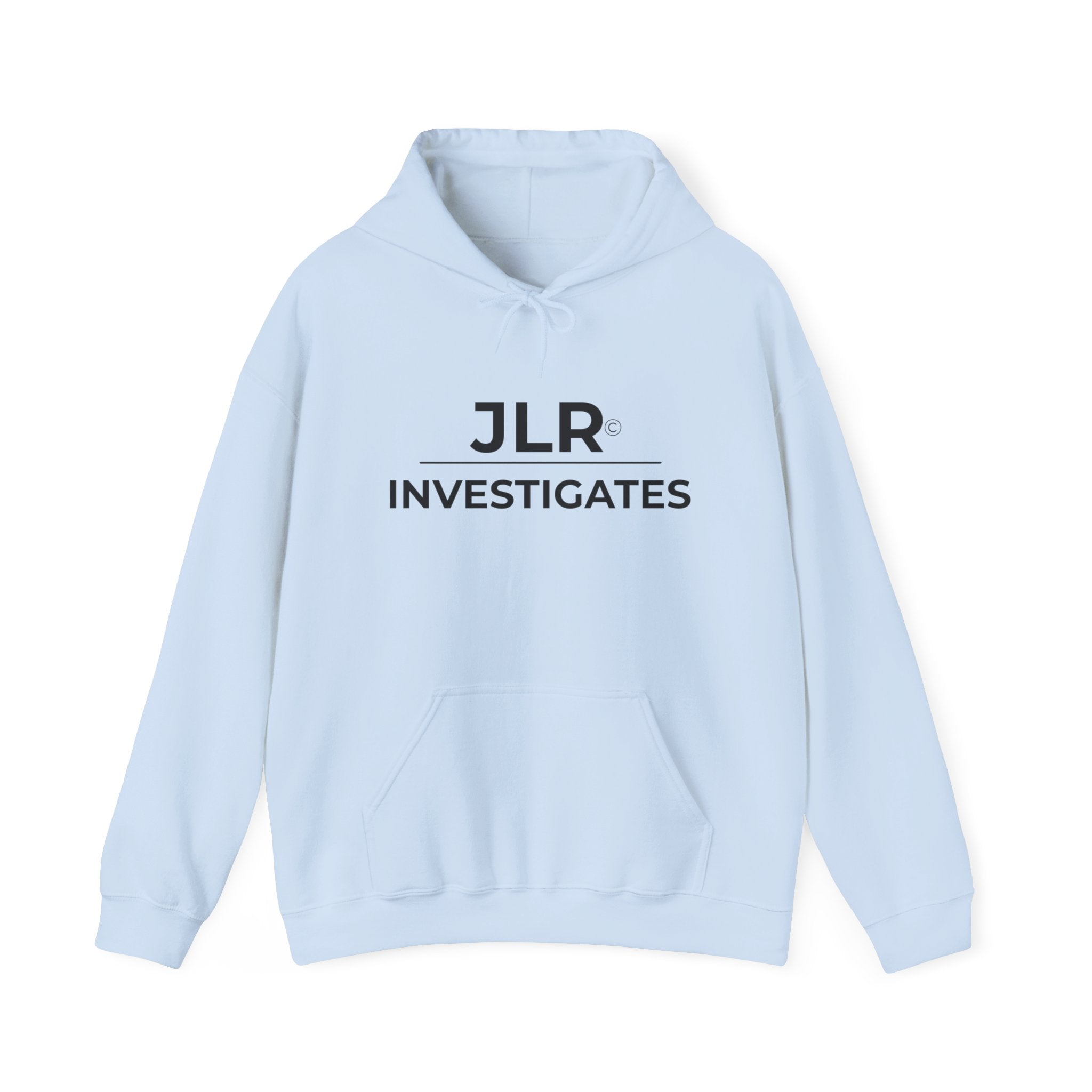 Light blue pullover hoodie with JLR Investigates logo in black