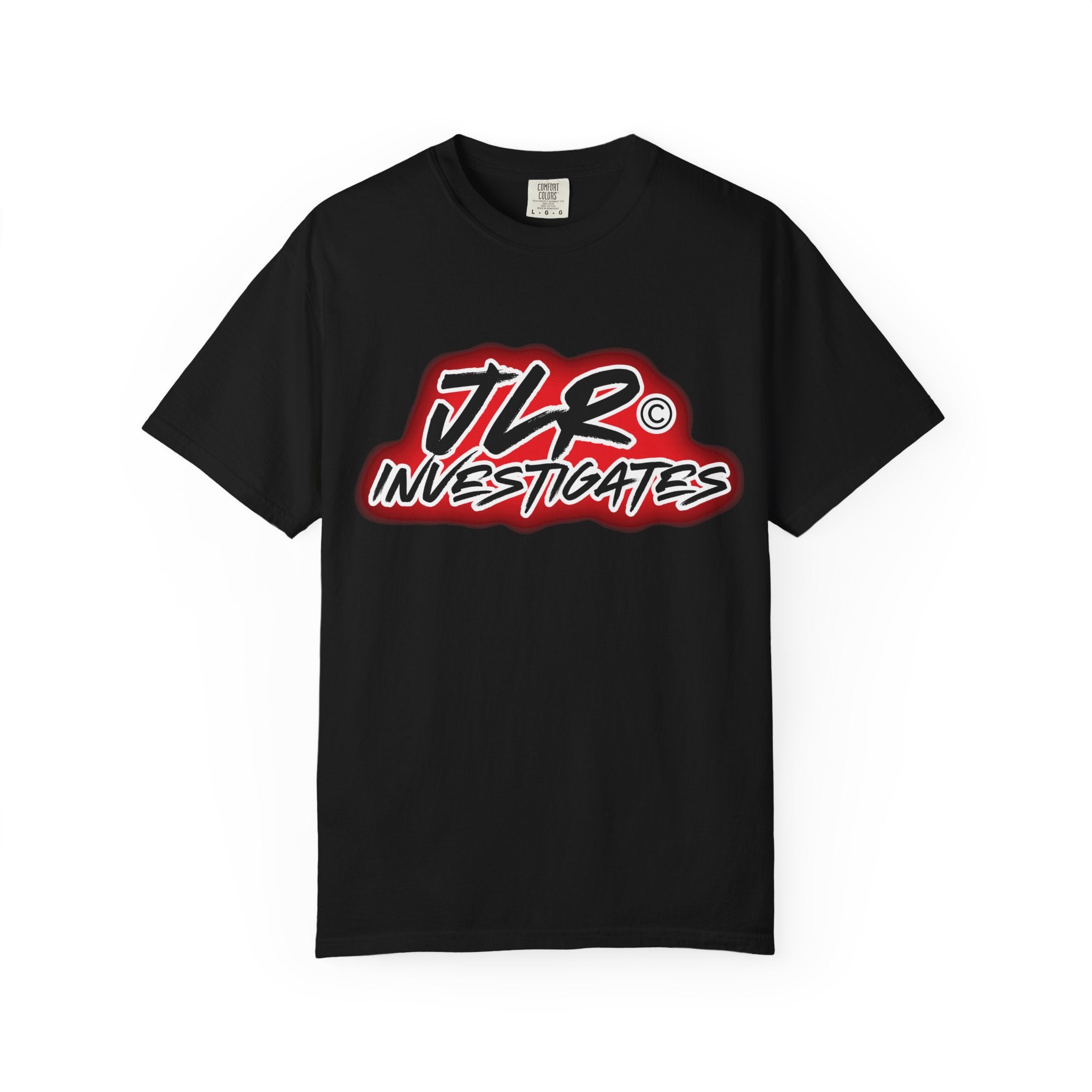 JLR© Investigates t-shirt in Black — front graphic view