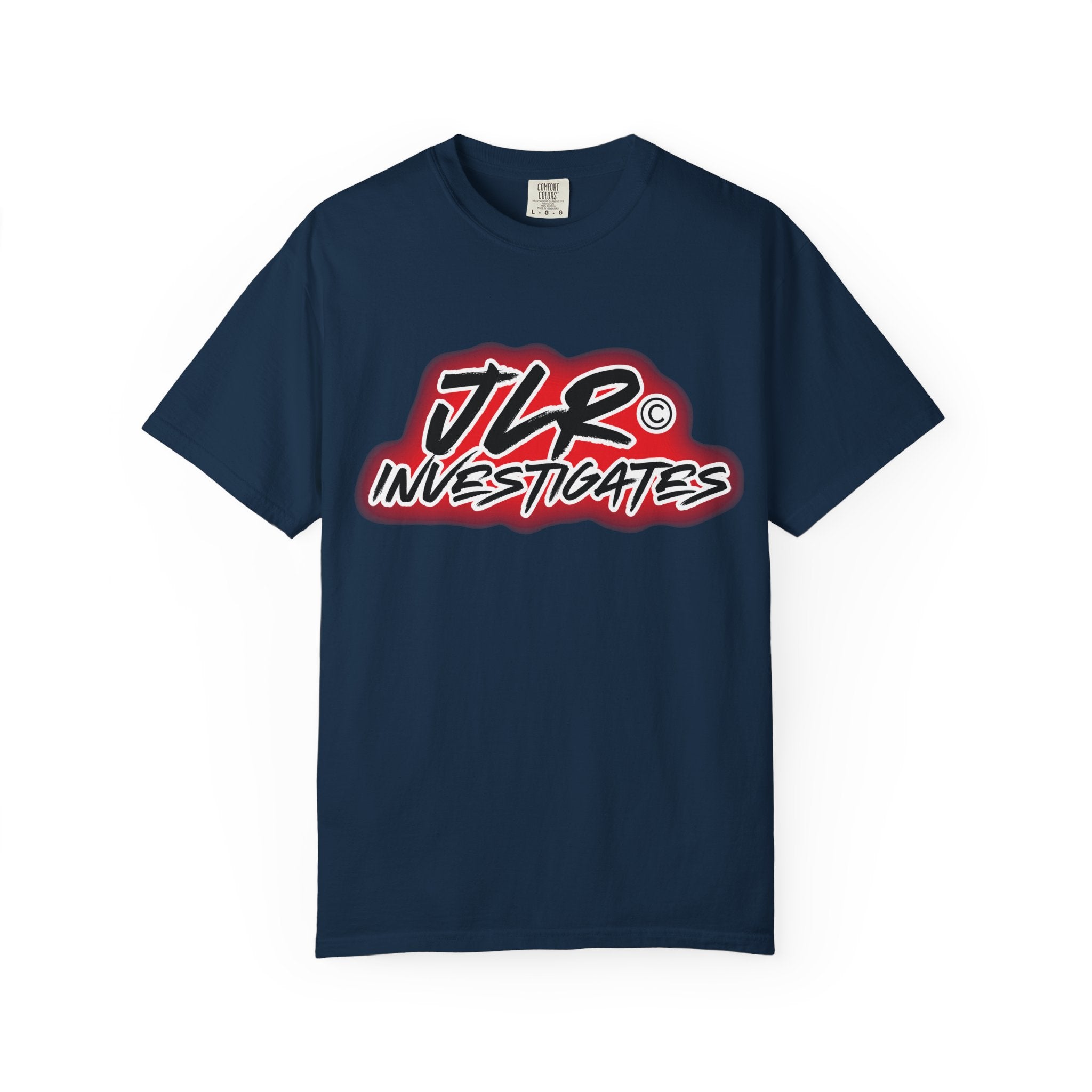 JLR© Investigates t-shirt in True Navy — front graphic view