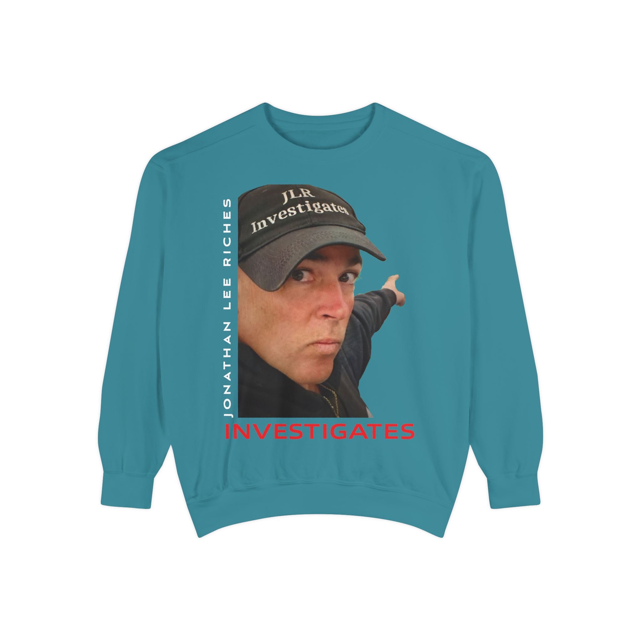 Jonathan Lee Riches Investigates Portrait Sweatshirt — "Investigates" Graphic Crewneck