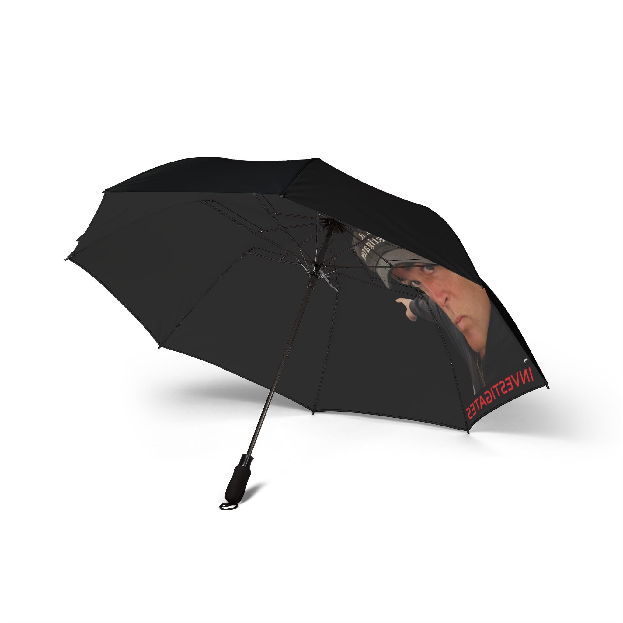 Investigator Portrait Foldable Umbrella — 'Investigates' Printed Compact Rain Umbrella