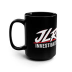 Glossy black ceramic JLR© Bold Logo Mug featuring the white-and-red Investigates logo.