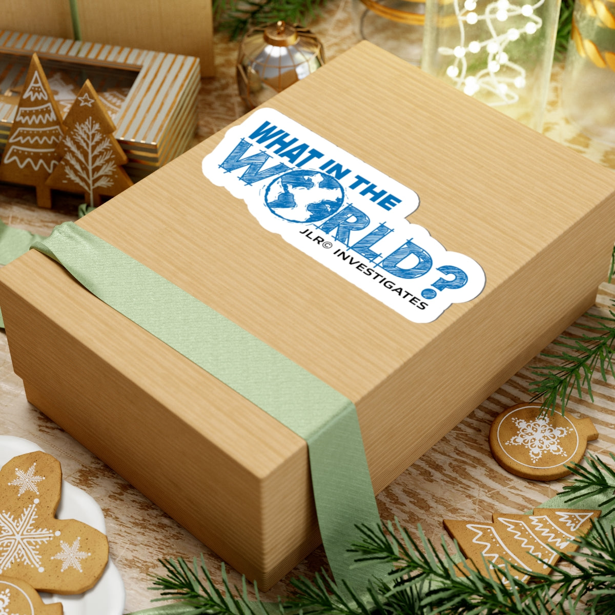 What In The World? JLR© Investigates sticker on kraft shipping box with festive styling