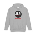 Grey JLR© Investigates Breaking News! hoodie with a black circular logo and red Breaking News! banner, displayed front-facing on a white background.