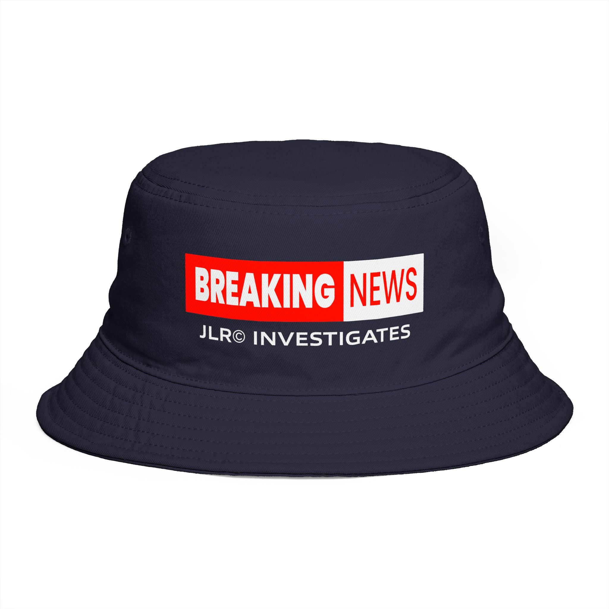 Breaking News Bucket Hat — "JLR© Investigates" Red Graphic News-Style Hat