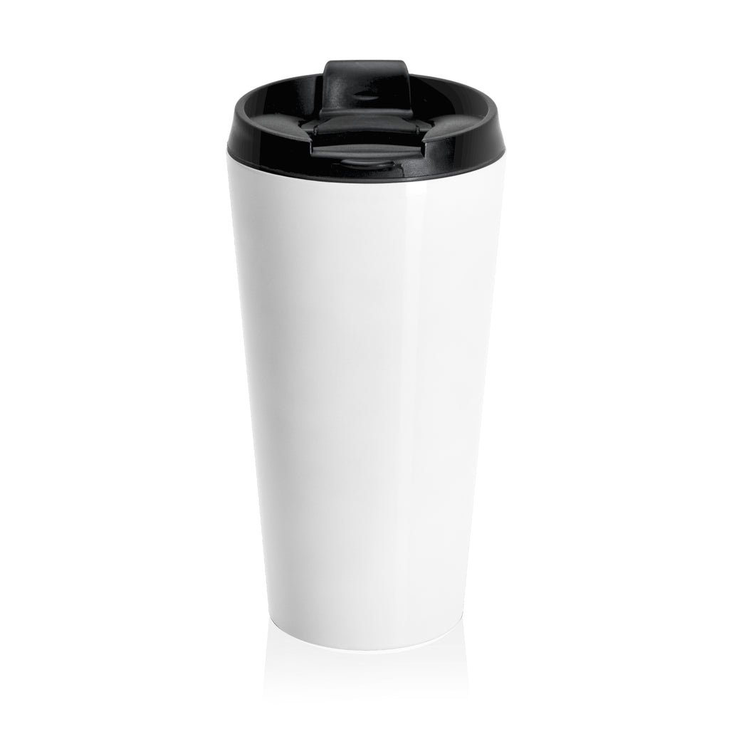 Front view of the Caffeinated & Investigating Tumbler — black lid, white stainless steel body