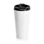 Front view of the Caffeinated & Investigating Tumbler — black lid, white stainless steel body