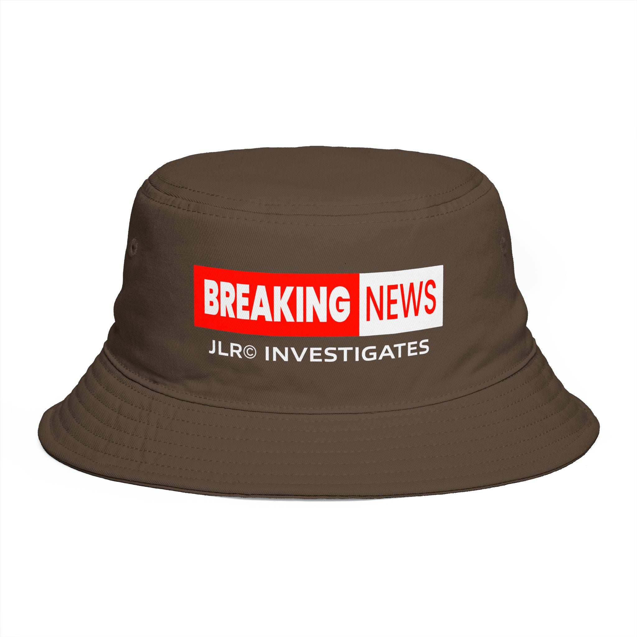 Breaking News Bucket Hat — "JLR© Investigates" Red Graphic News-Style Hat