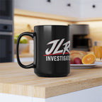 Black JLR© Bold Logo Mug with glossy finish, C-shaped handle, and 15 oz capacity.