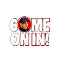 Come On In! sticker featuring bold red and white text with JLR© logo graphic