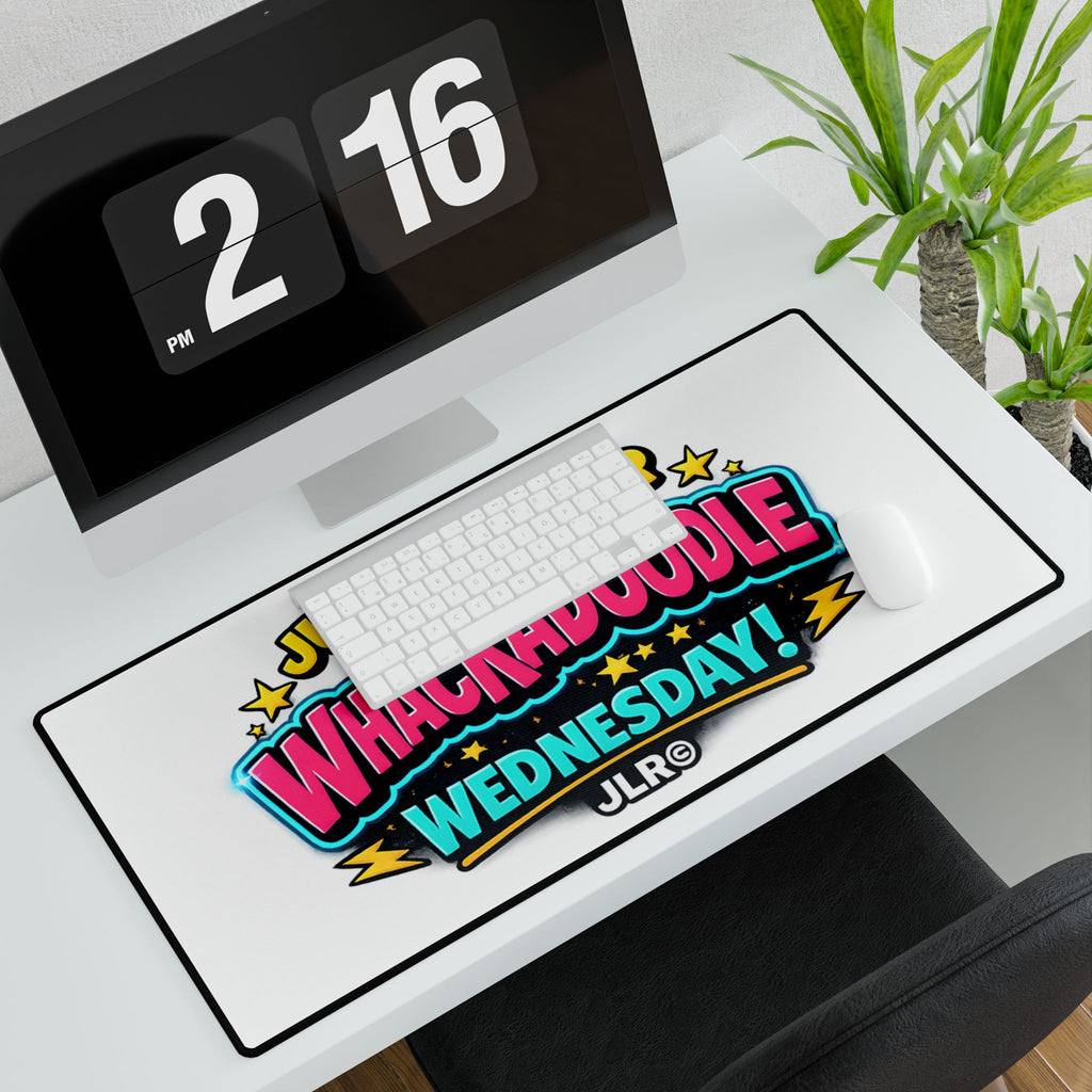 A large white desk mat with a colorful 'Whimpoole Wednesday!' graphic sits on a white desk in front of a computer monitor and keyboard. The desk mat has a black border and the brand name 'JLR©' printed in the lower right of the design.