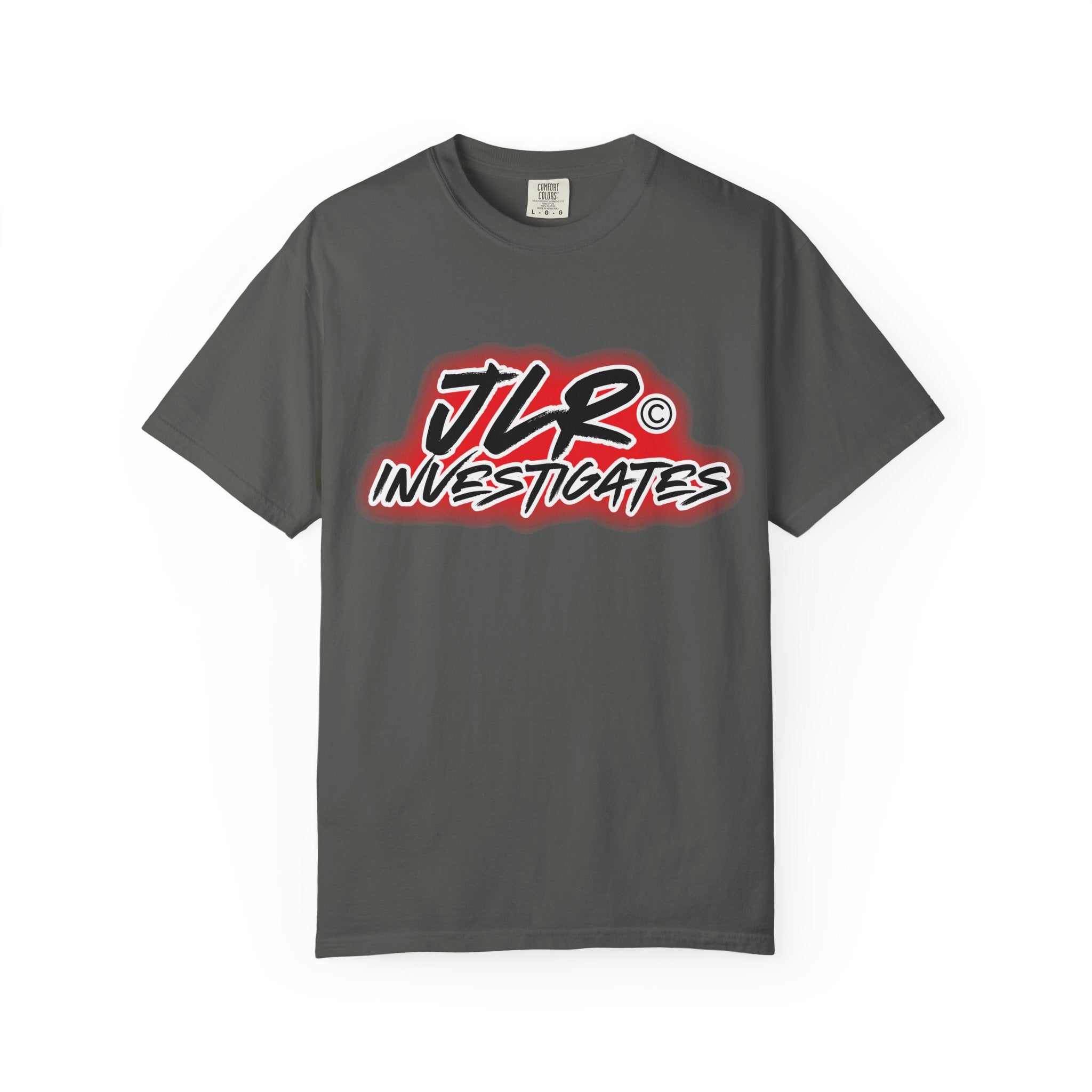 JLR© Investigates t-shirt in Pepper — front graphic view
