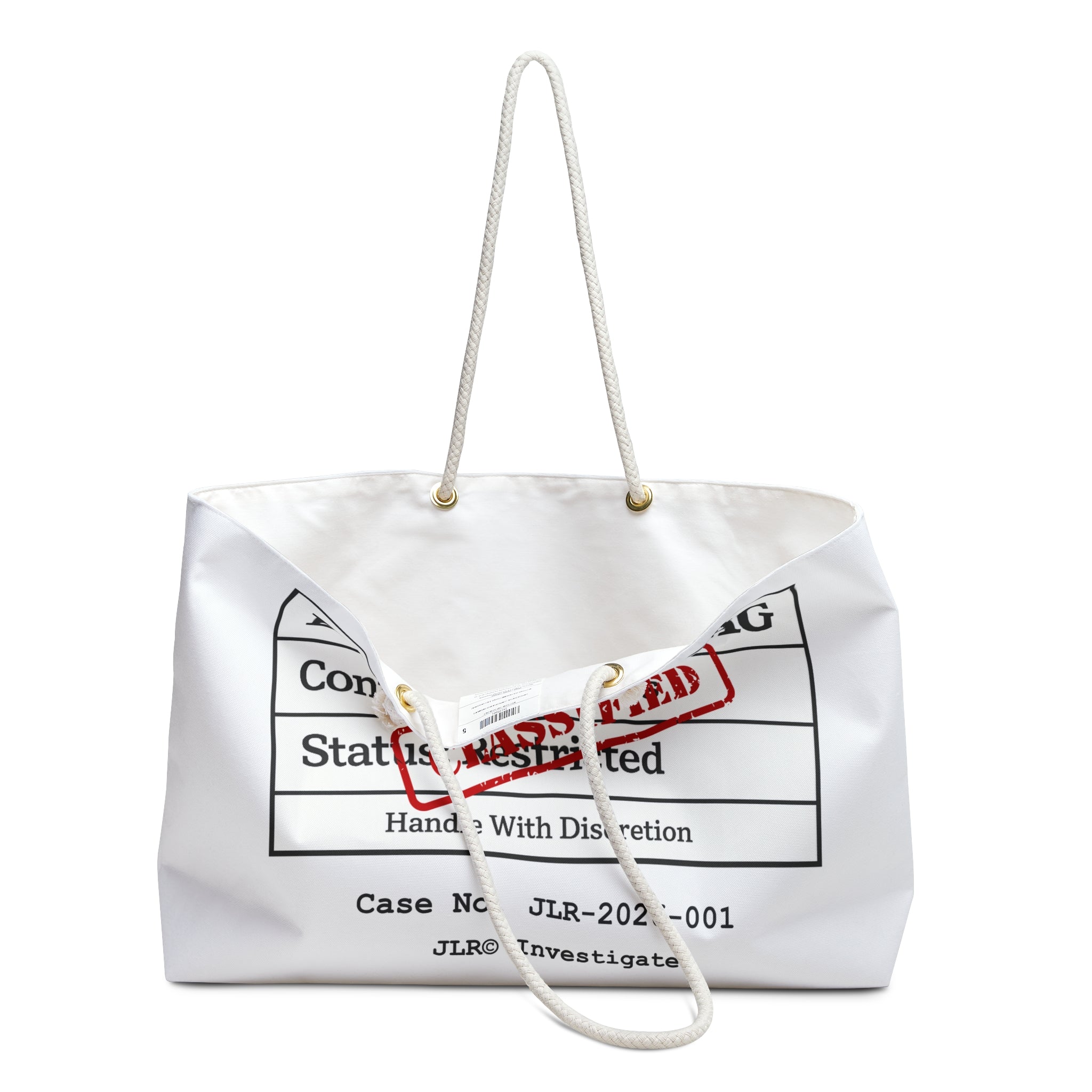 Flat lay of the Evidence Weekender Bag showing full front label design with EVIDENCE BAG text, CLASSIFIED stamp, and JLR© Investigates branding