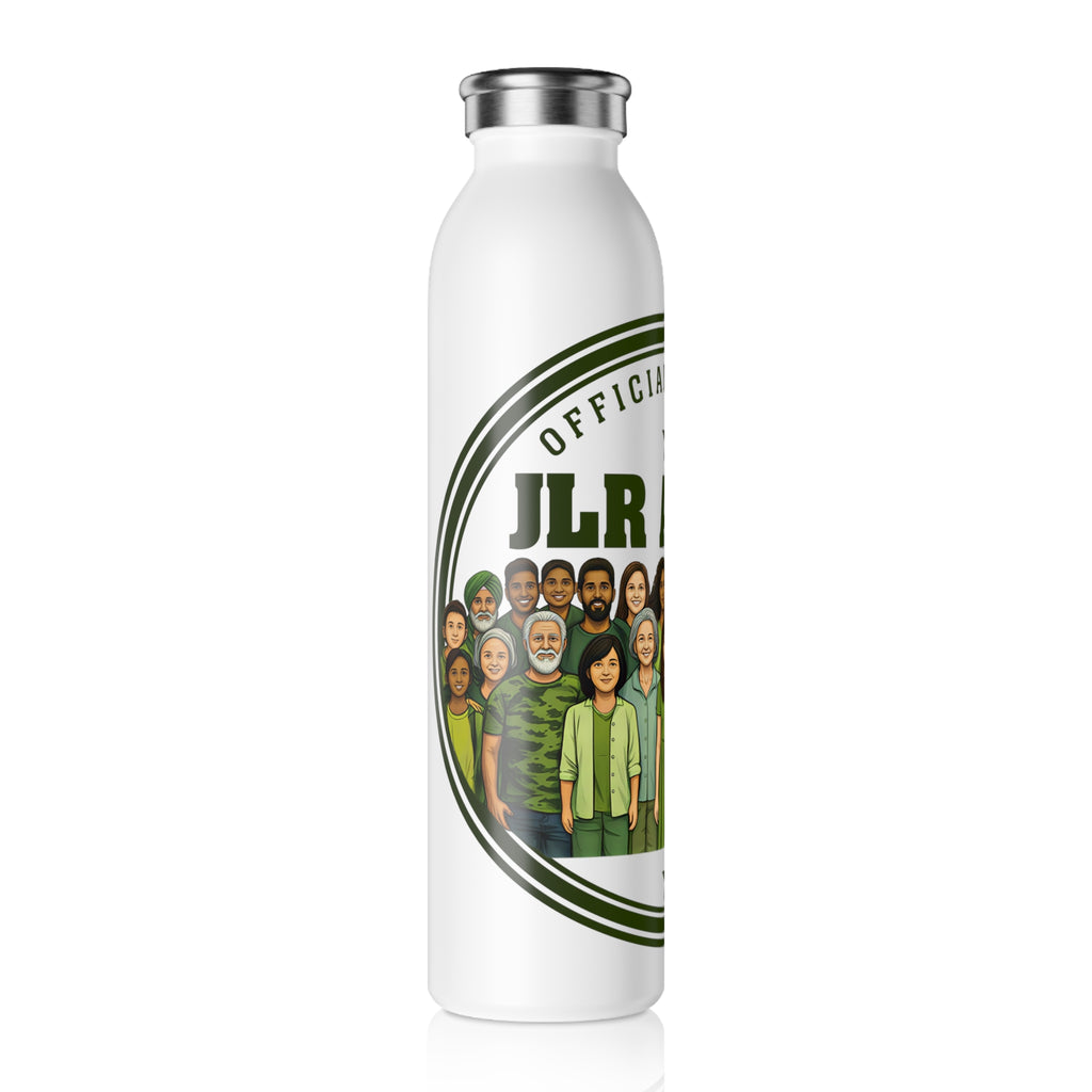 JLR Army Design 20oz insulated water bottle side view— Official Member JLR Army graphic with diverse group illustration — white stainless steel — JLR Investigates