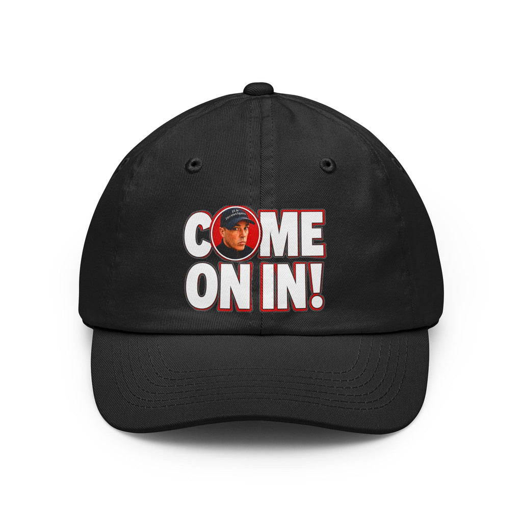 Come On In! JLR© Investigates Dad Hat in Black with bold graphic print on front panel