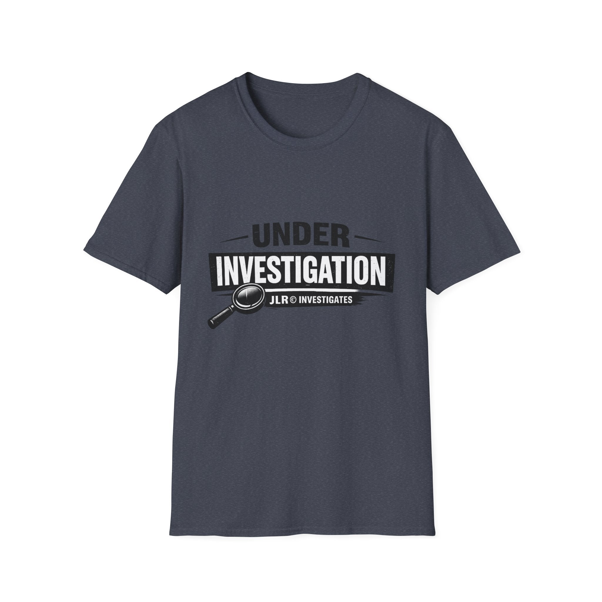 Heather navy unisex t-shirt featuring a bold 'Under Investigation — JLR© Investigates' graphic with a magnifying glass icon and black and white banner design