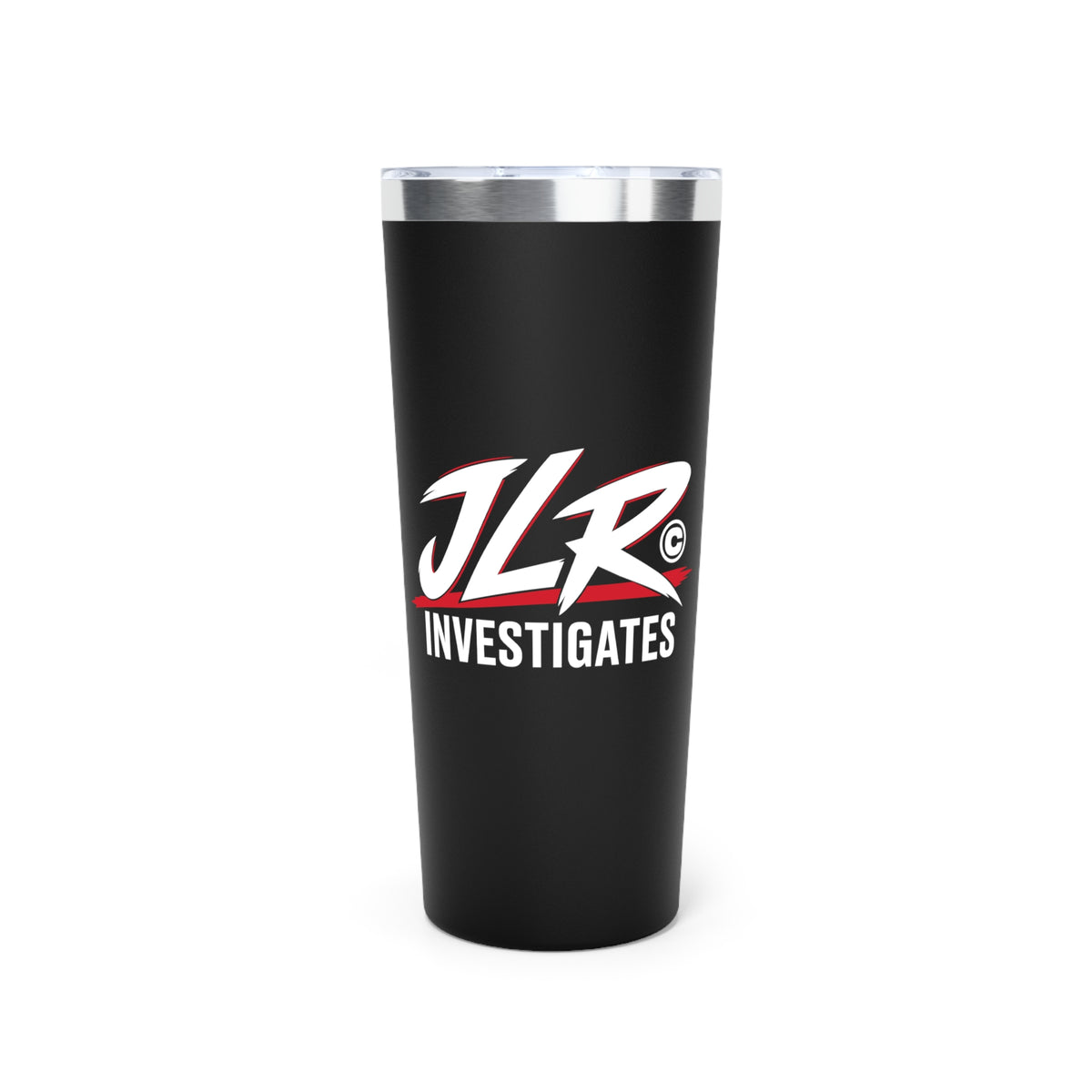 Black 22 oz JLR© Bold Logo Insulated Tumbler, front view showing the JLR© Investigates logo.