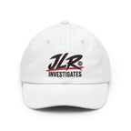 White JLR© Bold Logo Dad Cap with a high-contrast black JLR© Investigates design.