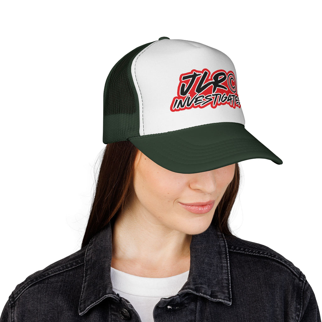 Trucker Cap — "JLR© Investigates" Retro Mesh Hat (Red, White & Blue)
