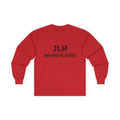 Red long sleeve unisex t-shirt featuring minimalist black 'JLR© Investigates' text with underline on the front