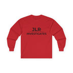 Red long sleeve unisex t-shirt featuring minimalist black 'JLR© Investigates' text with underline on the front